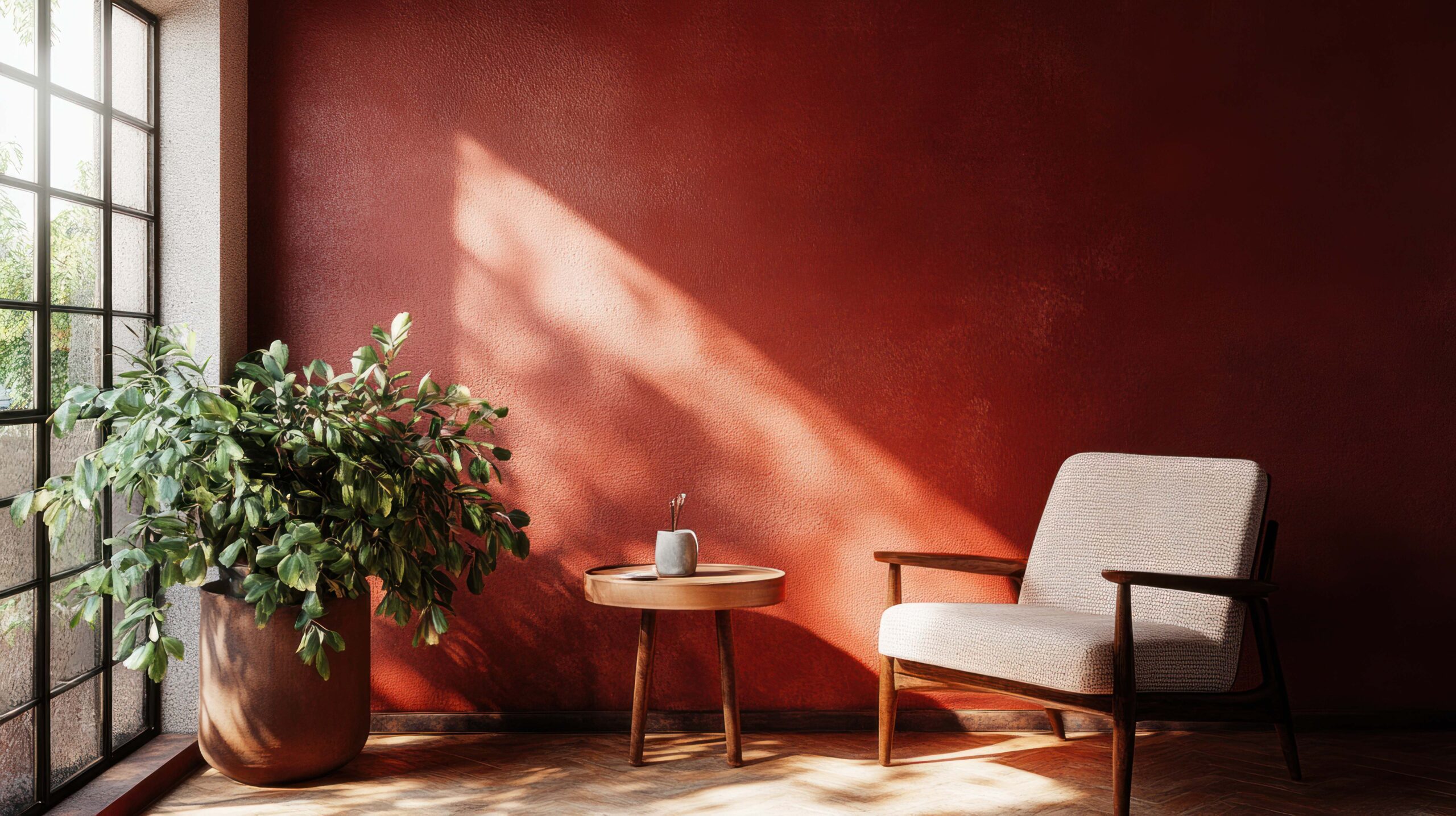Sunlit Interior Design: Red Wall, Armchair, and Lush Greenery - Immo Safe